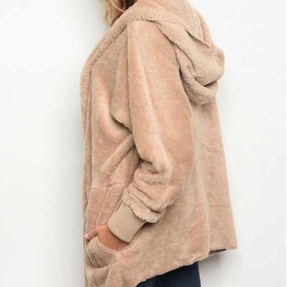 OS Teddy Fuzzy Fleece Cardigan Super Soft Taupe - Picture 5 of 6